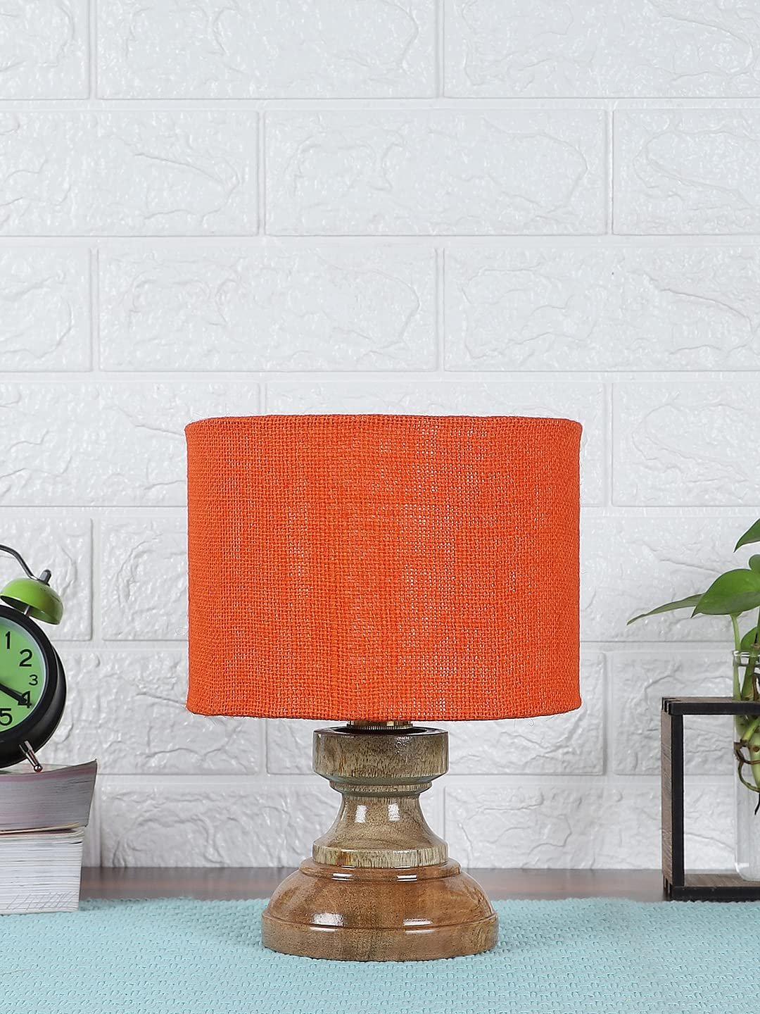 Wood Table lamp with Orange Jute Shade