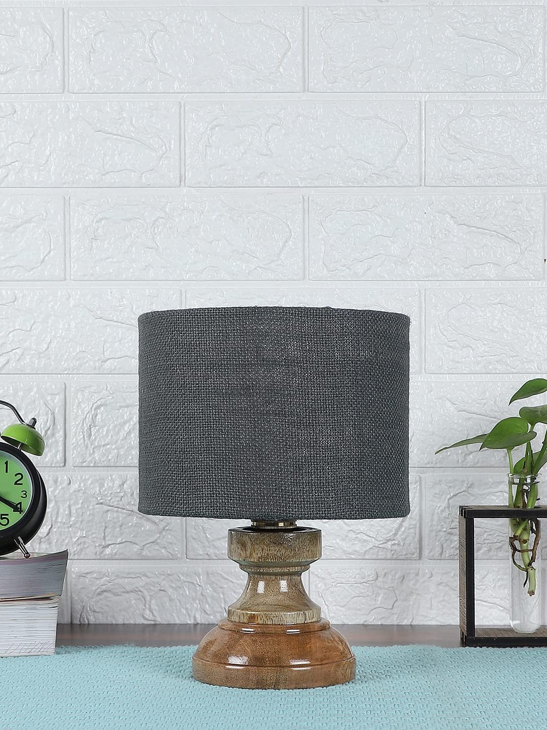 Wood Table lamp with Grey Jute Shade