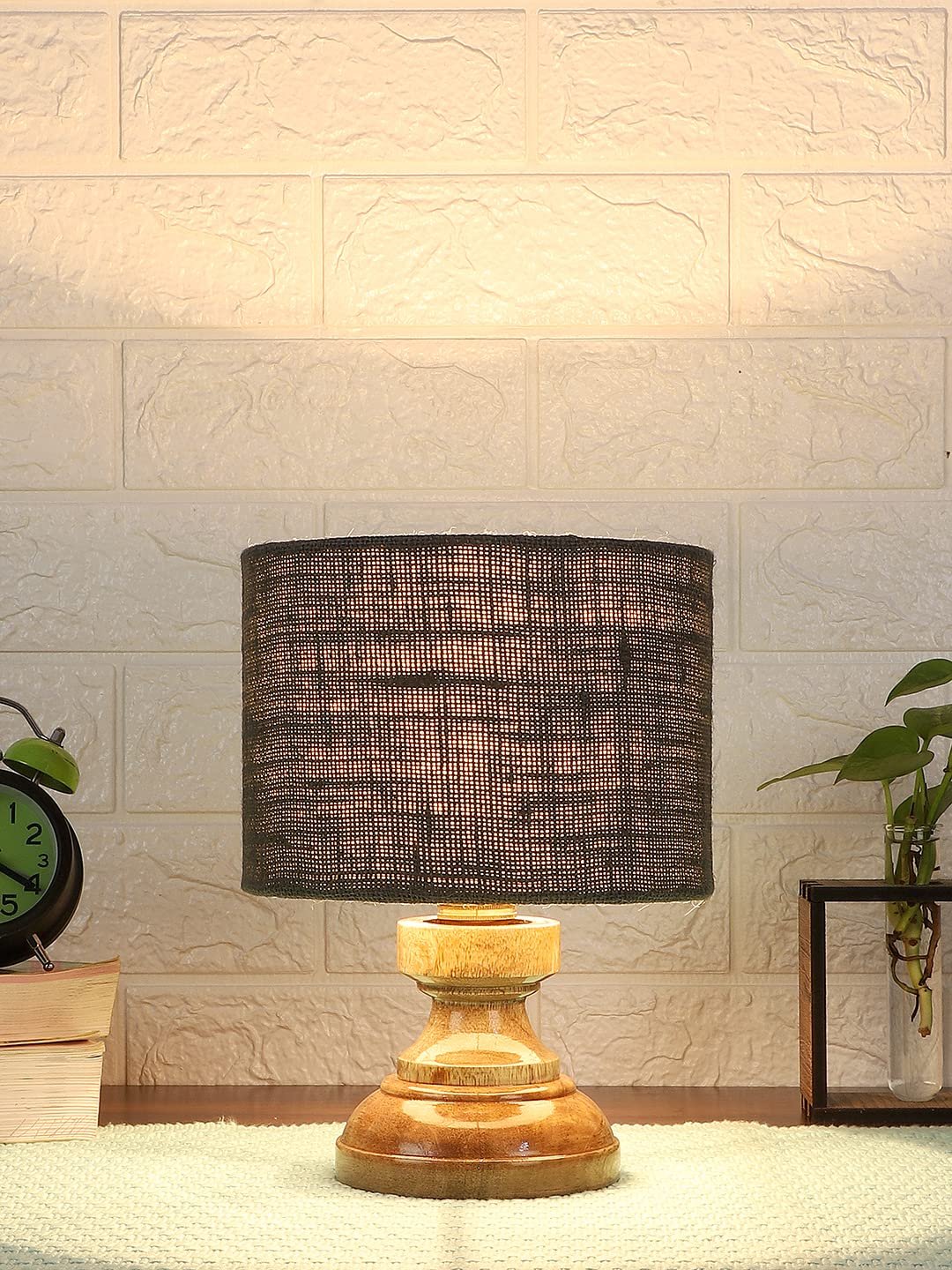 Wood Table lamp with Grey Jute Shade