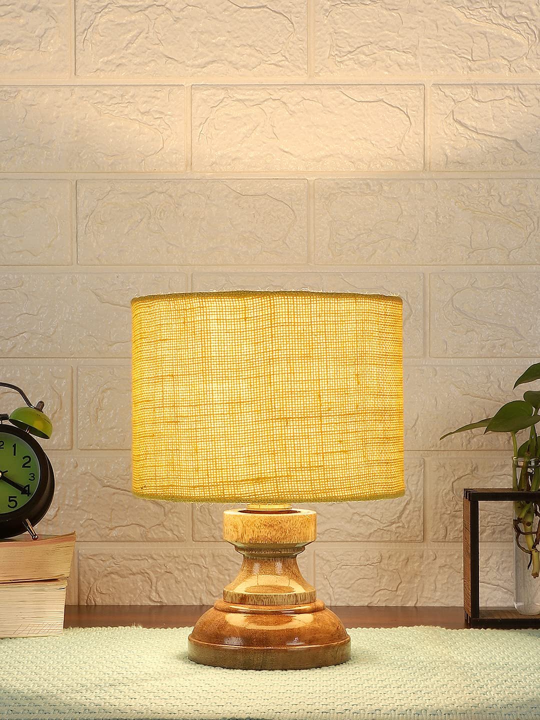 Wood Table lamp with Yellow Jute Shade