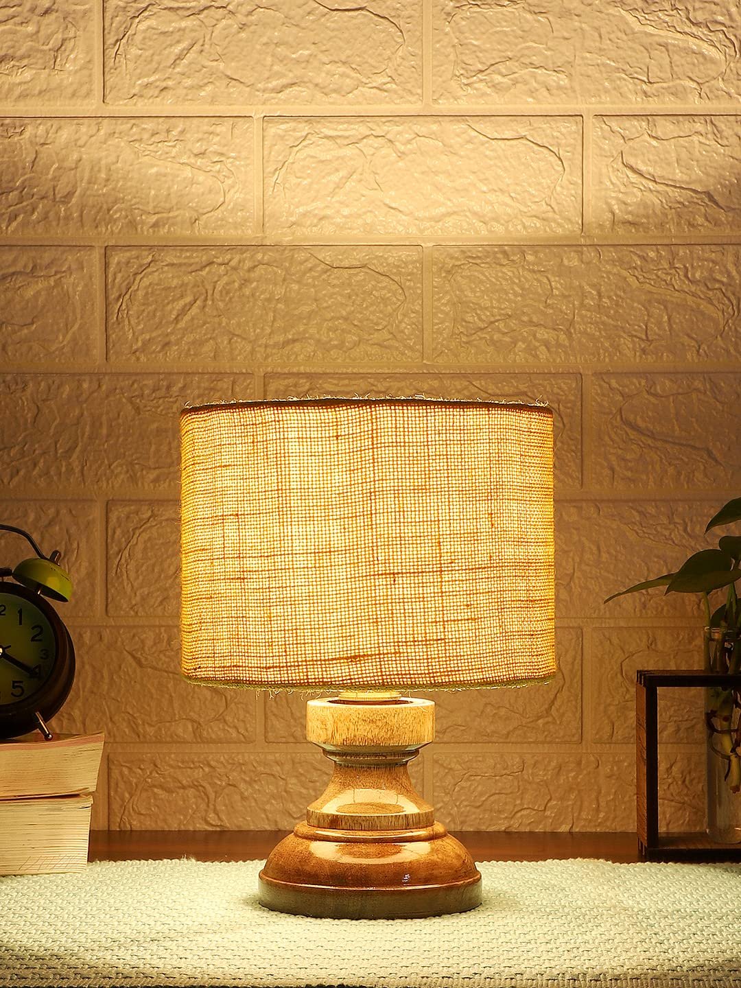 Wood Table lamp with Yellow Jute Shade