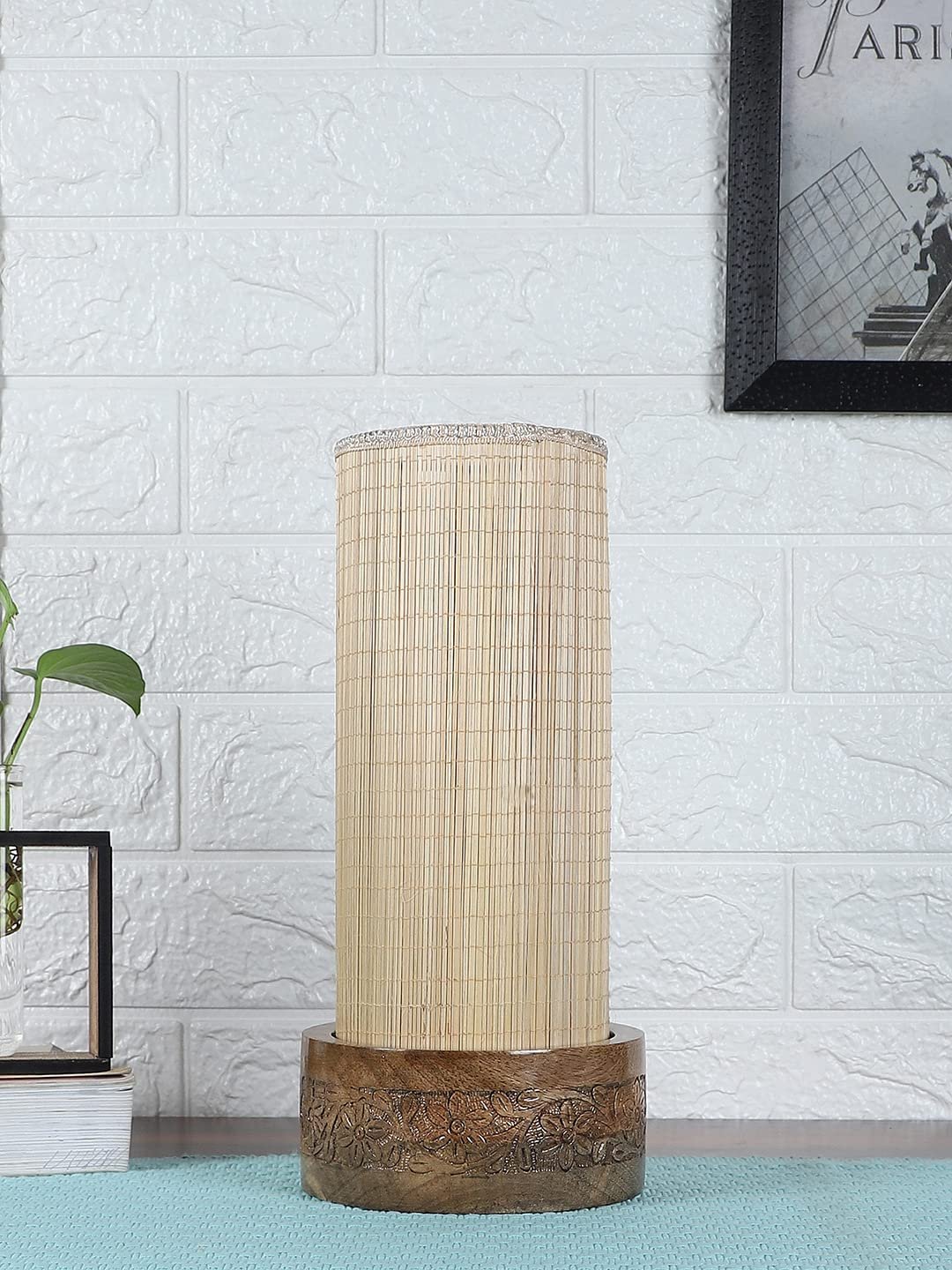 Bamboo Table lamp with Carving Round Wood Base