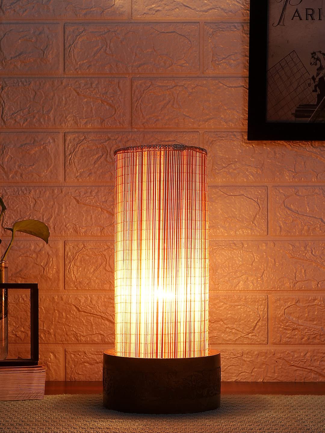 Bamboo Table lamp with Carving Round Wood Base