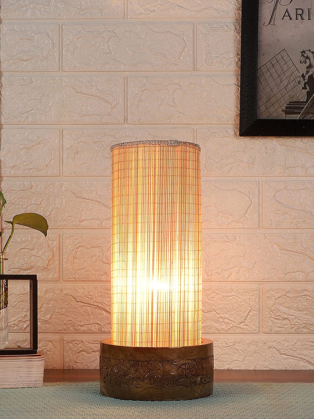 Bamboo Table lamp with Carving Round Wood Base