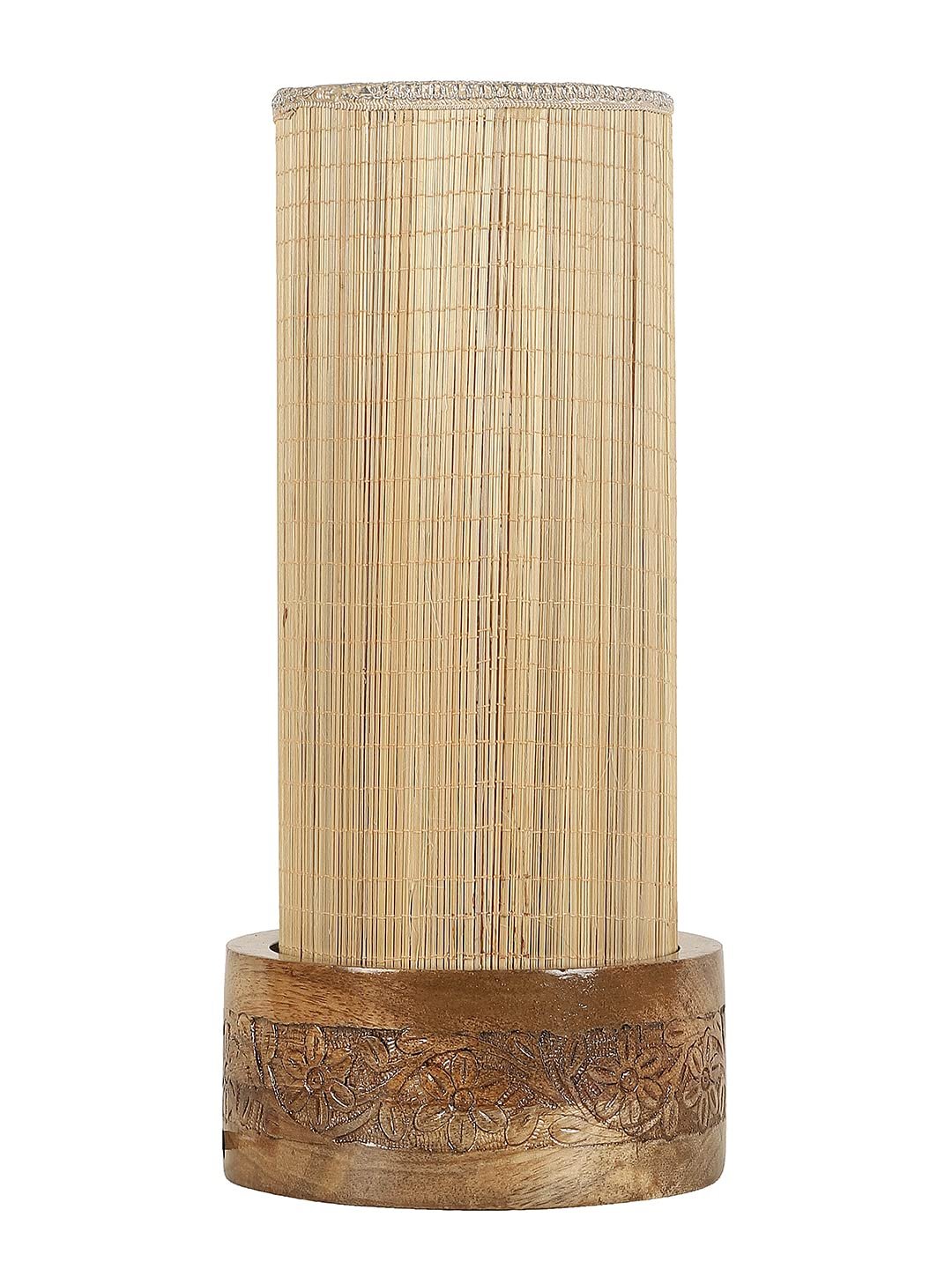 Bamboo Table lamp with Carving Round Wood Base