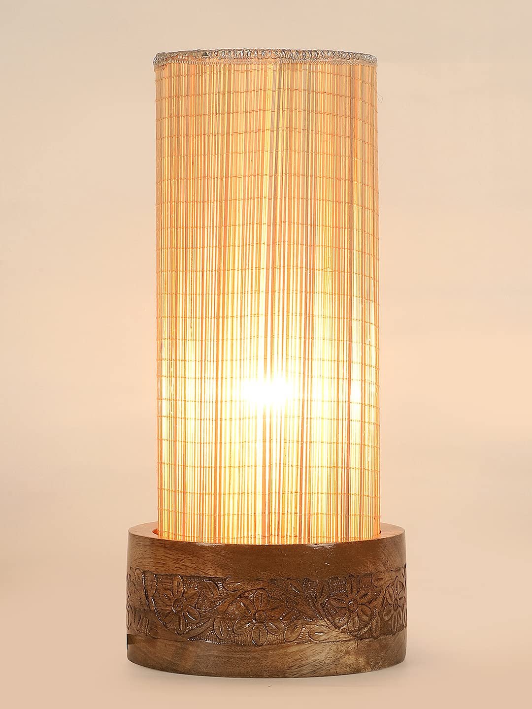 Bamboo Table lamp with Carving Round Wood Base