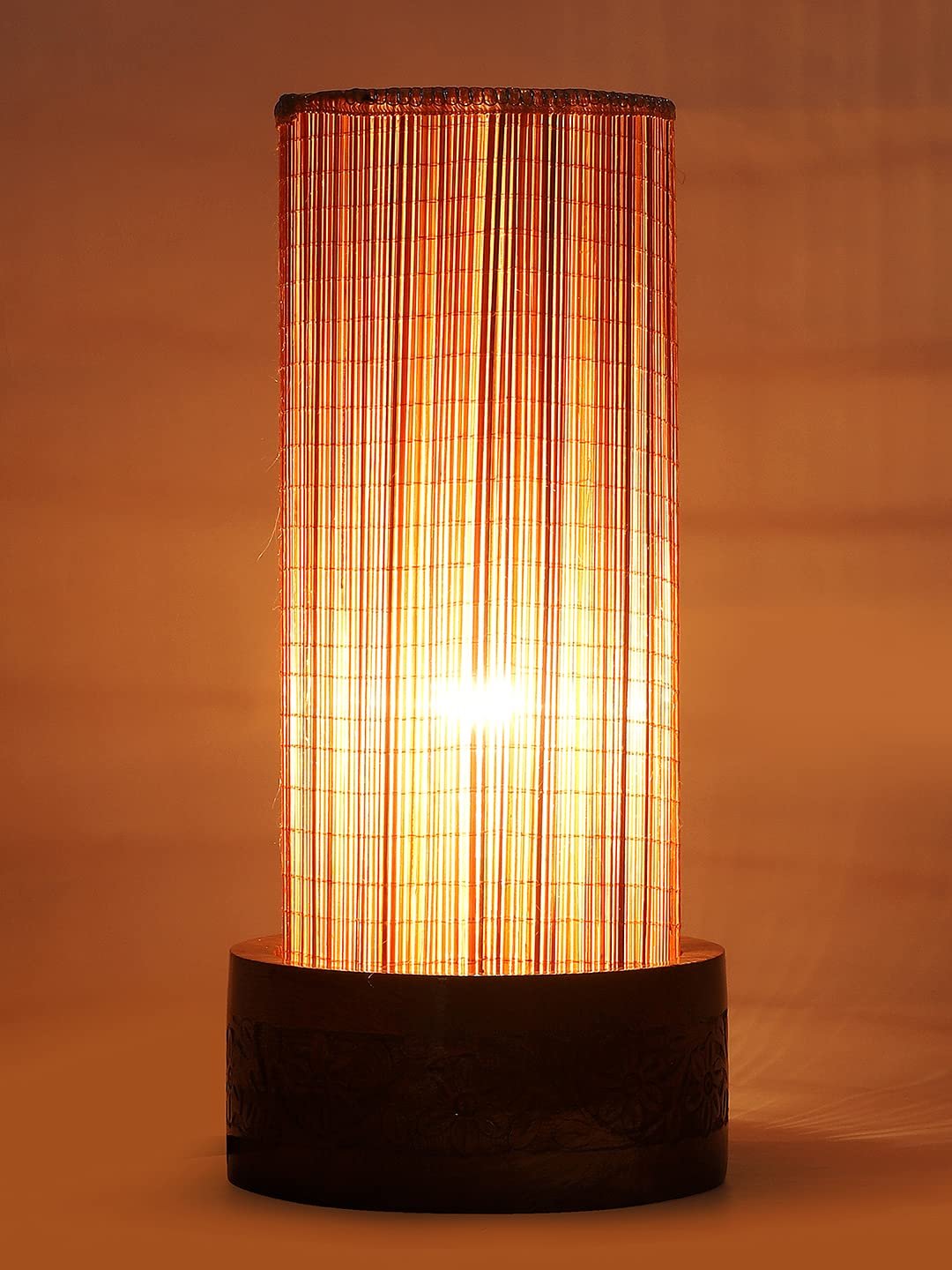 Bamboo Table lamp with Carving Round Wood Base