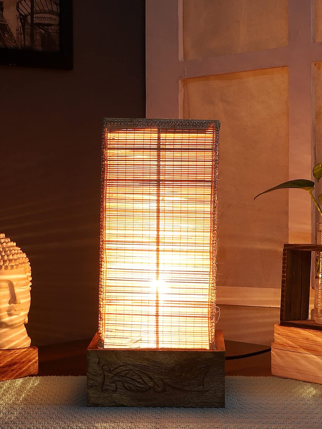 Bamboo Table lamp with Square Carving Wood Base