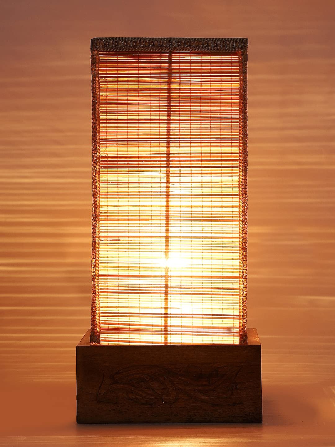 Bamboo Table lamp with Square Carving Wood Base