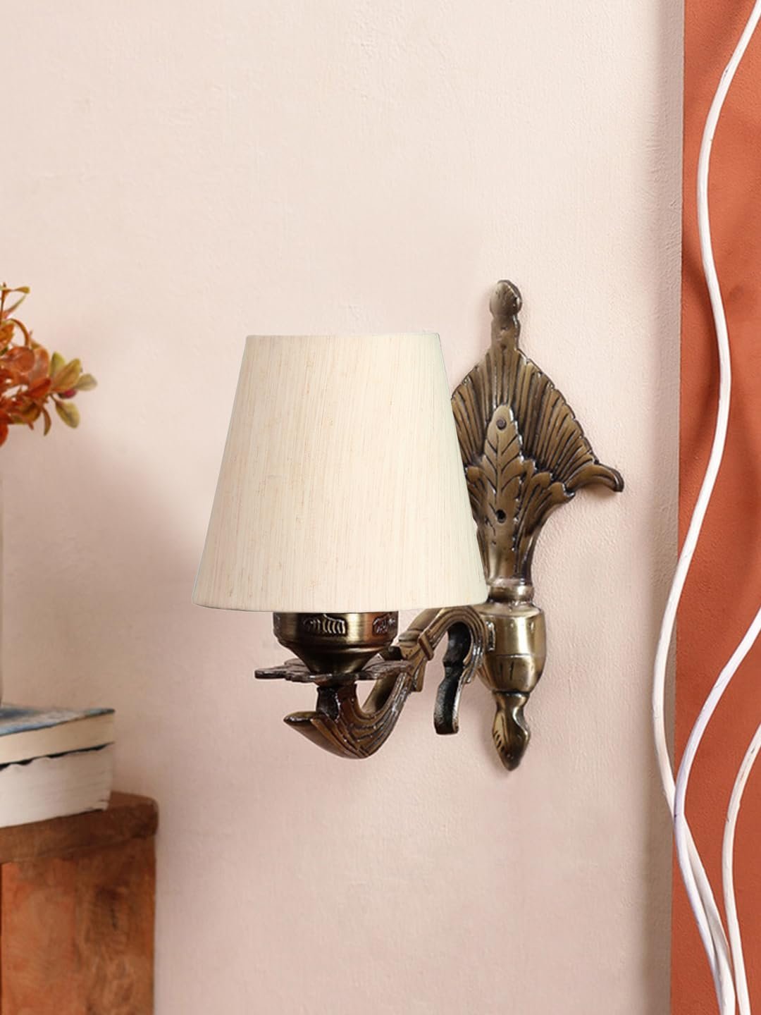 Antique Gold Wall Lamp for Office/Home/Gifting with Cotton conical Off-White Shade(7x5.5x9.25) Inches -1