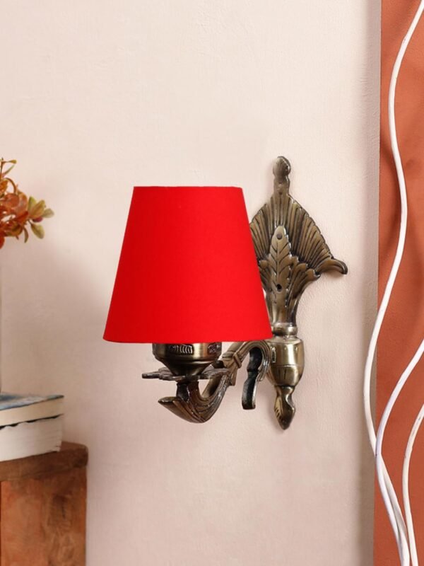 Antique Gold Wall Lamp for Office/Home/Gifting with Cotton conical Red Shade(7×5.5×9.25) Inches -3