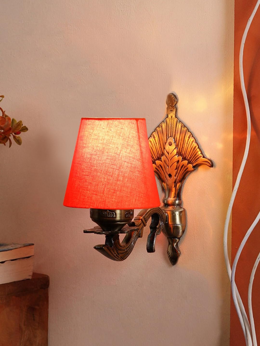 Antique Gold Wall Lamp for Office/Home/Gifting with Cotton conical Orange Shade(7x5.5x9.25) Inches-4
