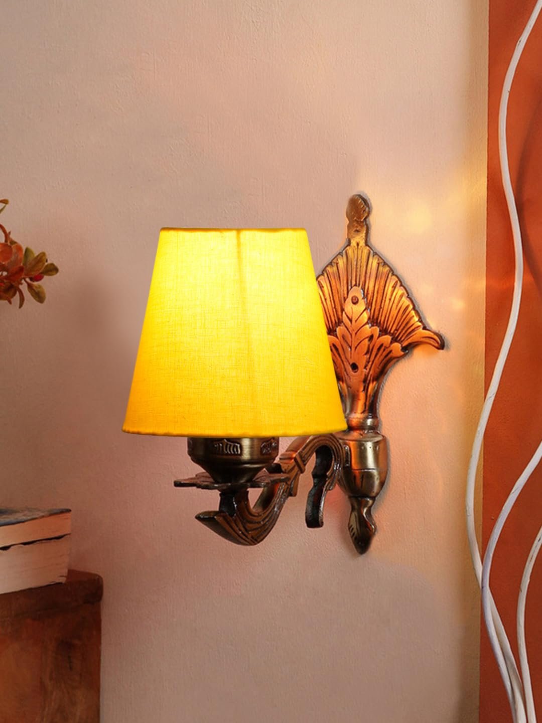 Antique Gold Wall Lamp for Office/Home/Gifting with Cotton conical Yellow Shade(7x5.5x9.25) Inches -5