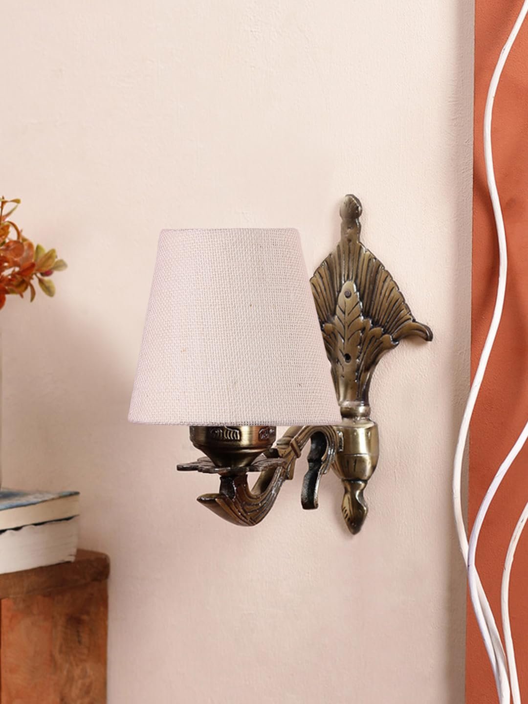 Antique Gold Wall Lamp for Office/Home/Gifting with Jute conical White Shade(7x5.5x9.25) Inches -9