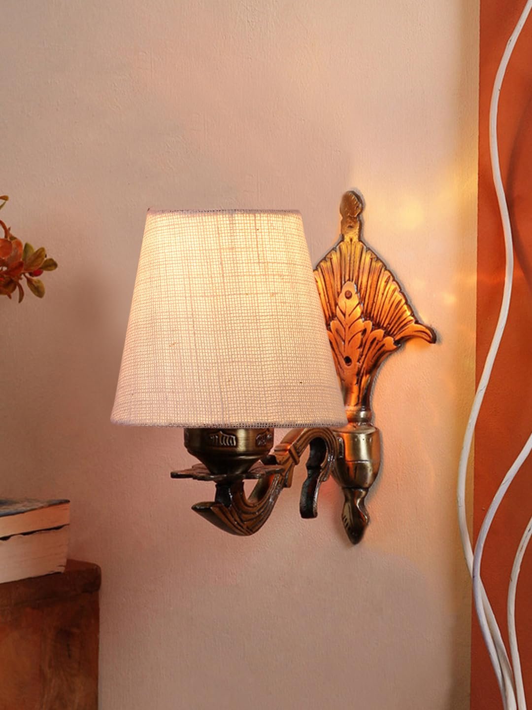 Antique Gold Wall Lamp for Office/Home/Gifting with Jute conical White Shade(7x5.5x9.25) Inches -9