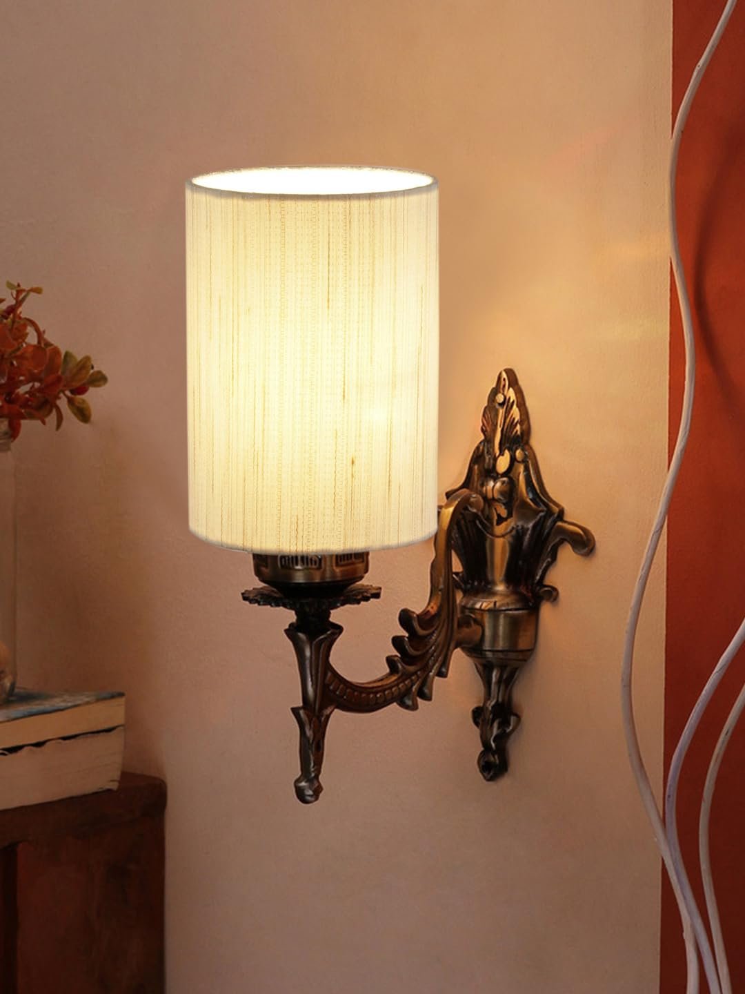 Antique Gold Wall Lamp for Office/Home/Gifting with Cotton Off-White Shade(8x4.25x11) Inches -106