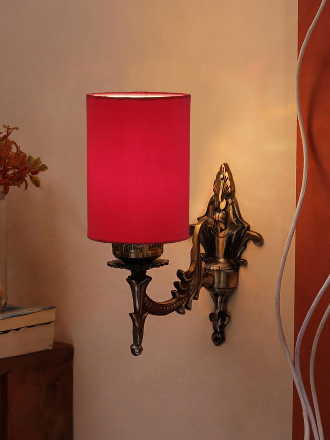 Antique Gold Wall Lamp for Office/Home/Gifting with Cotton Red Shade(8x4.25x11) Inches -108