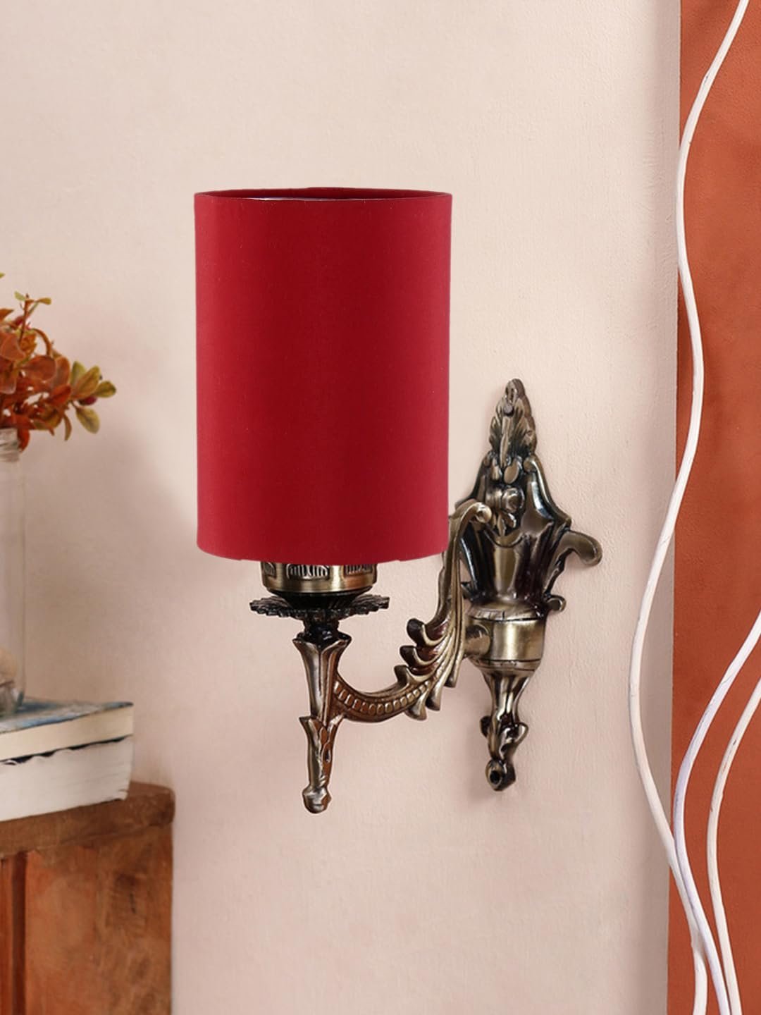 Antique Gold Wall Lamp for Office/Home/Gifting with Cotton Red Shade(8x4.25x11) Inches -108