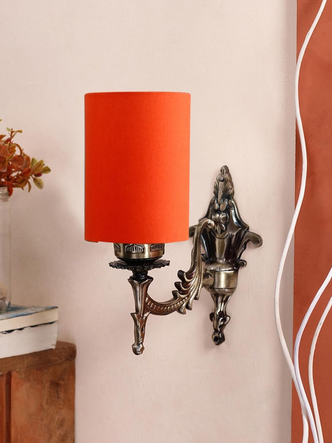 Antique Gold Wall Lamp for Office/Home/Gifting with Cotton Orange Shade(8x4.25x11) Inches -109