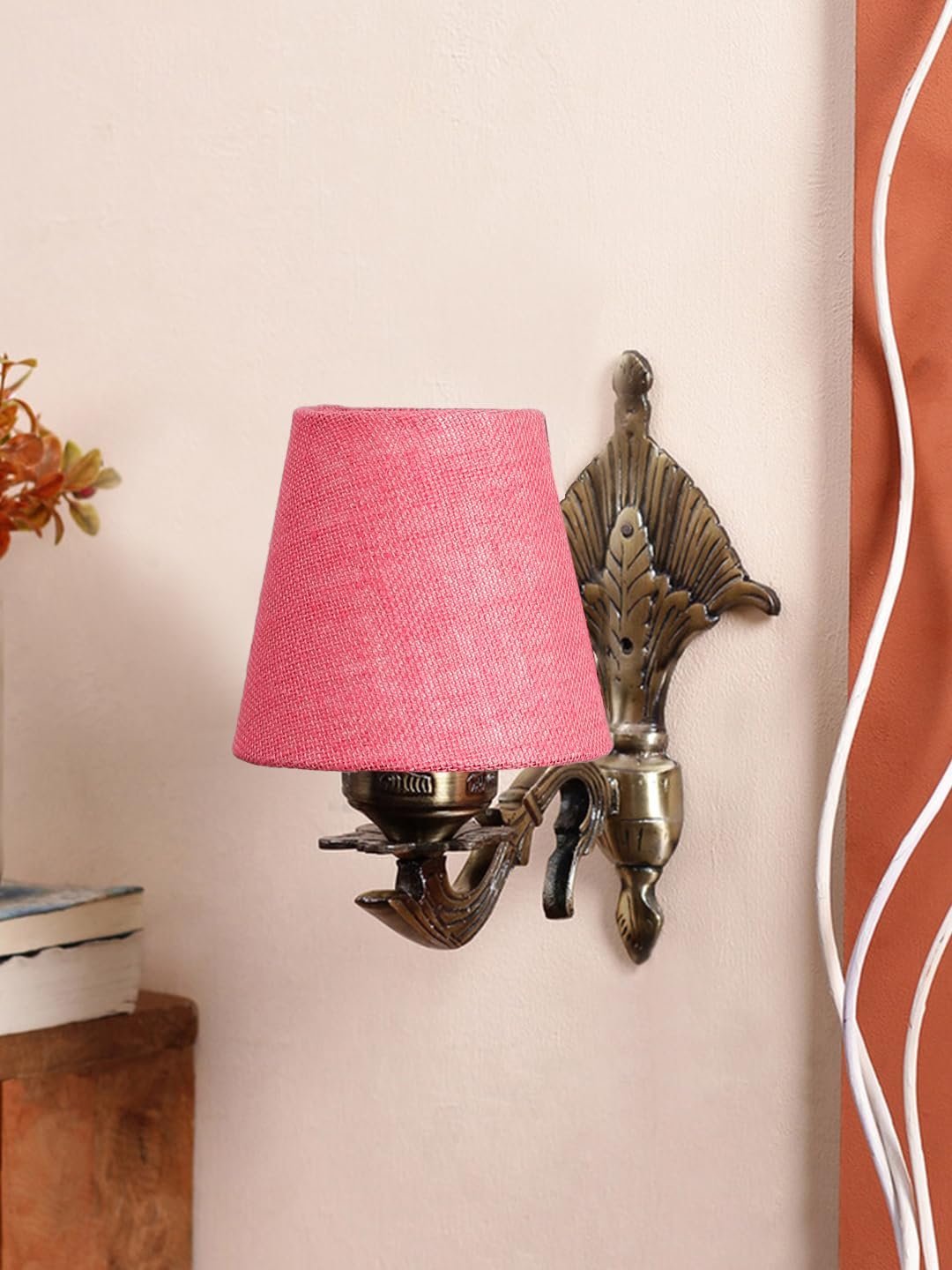 Antique Gold Wall Lamp for Office/Home/Gifting with Jute conical Pink Shade(7x5.5x9.25) Inches -10