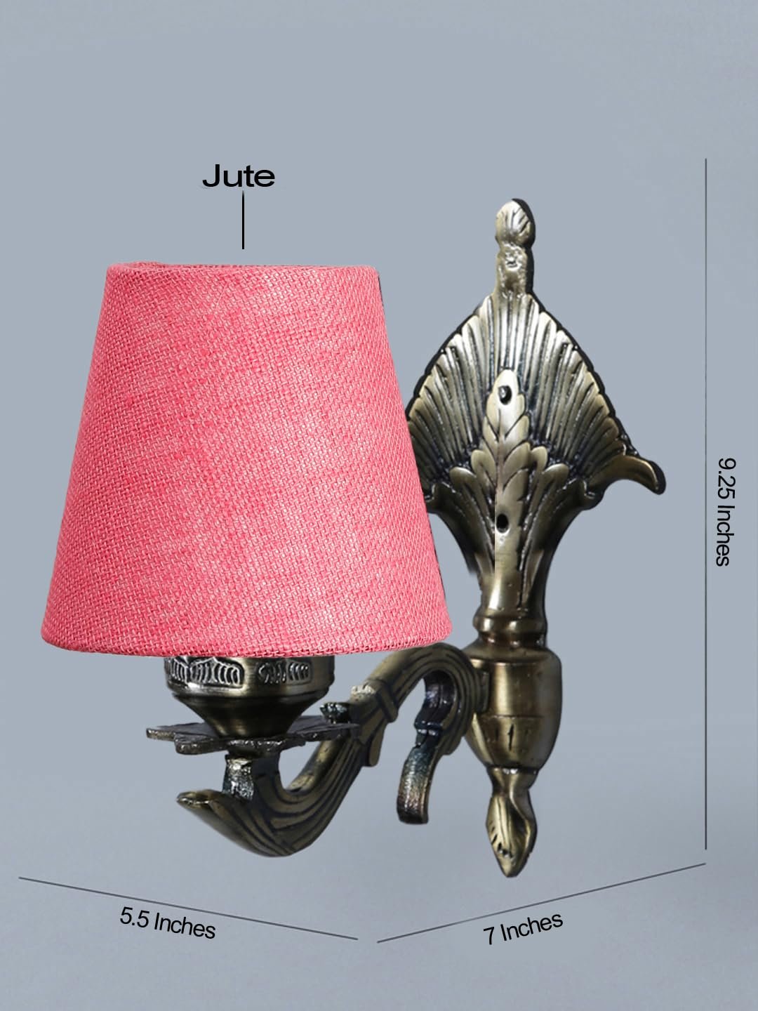 Antique Gold Wall Lamp for Office/Home/Gifting with Jute conical Pink Shade(7x5.5x9.25) Inches -10