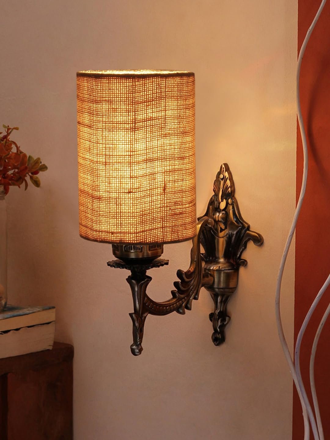 Antique Gold Wall Lamp for Office/Home/Gifting with Jute Beige Shade(8x4.25x11) Inches