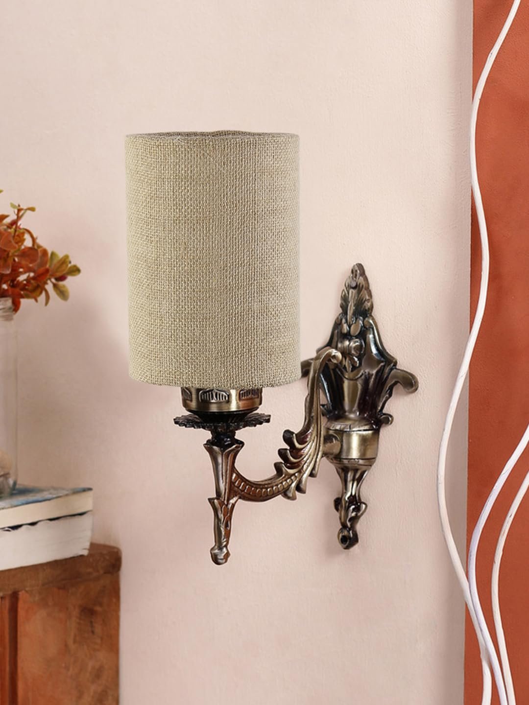 Antique Gold Wall Lamp for Office/Home/Gifting with Jute Beige Shade(8x4.25x11) Inches