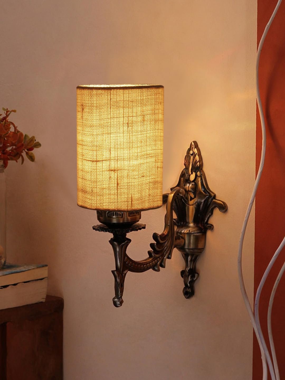 Antique Gold Wall Lamp for Office/Home/Gifting with Jute White Shade(8x4.25x11) Inches
