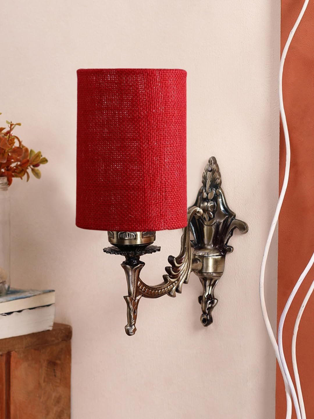 Antique Gold Wall Lamp for Office/Home/Gifting with Jute Maroon Shade(8x4.25x11) Inches