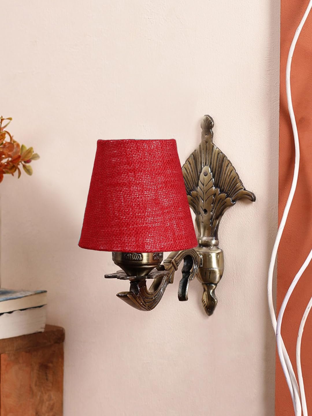 Antique Gold Wall Lamp for Office/Home/Gifting with Jute conical Maroon Shade(7x5.5x9.25) Inches -11