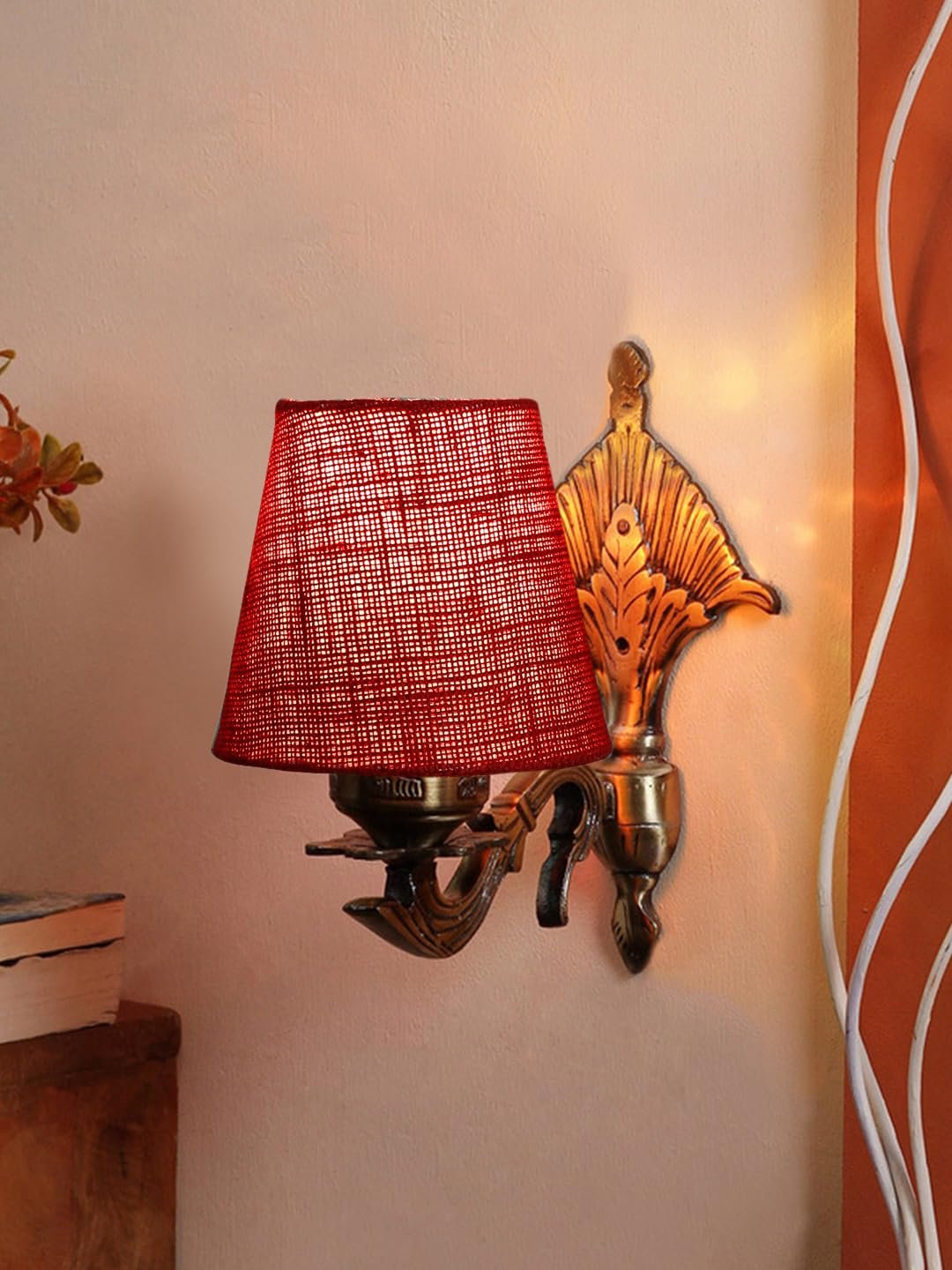 Antique Gold Wall Lamp for Office/Home/Gifting with Jute conical Maroon Shade(7x5.5x9.25) Inches -11