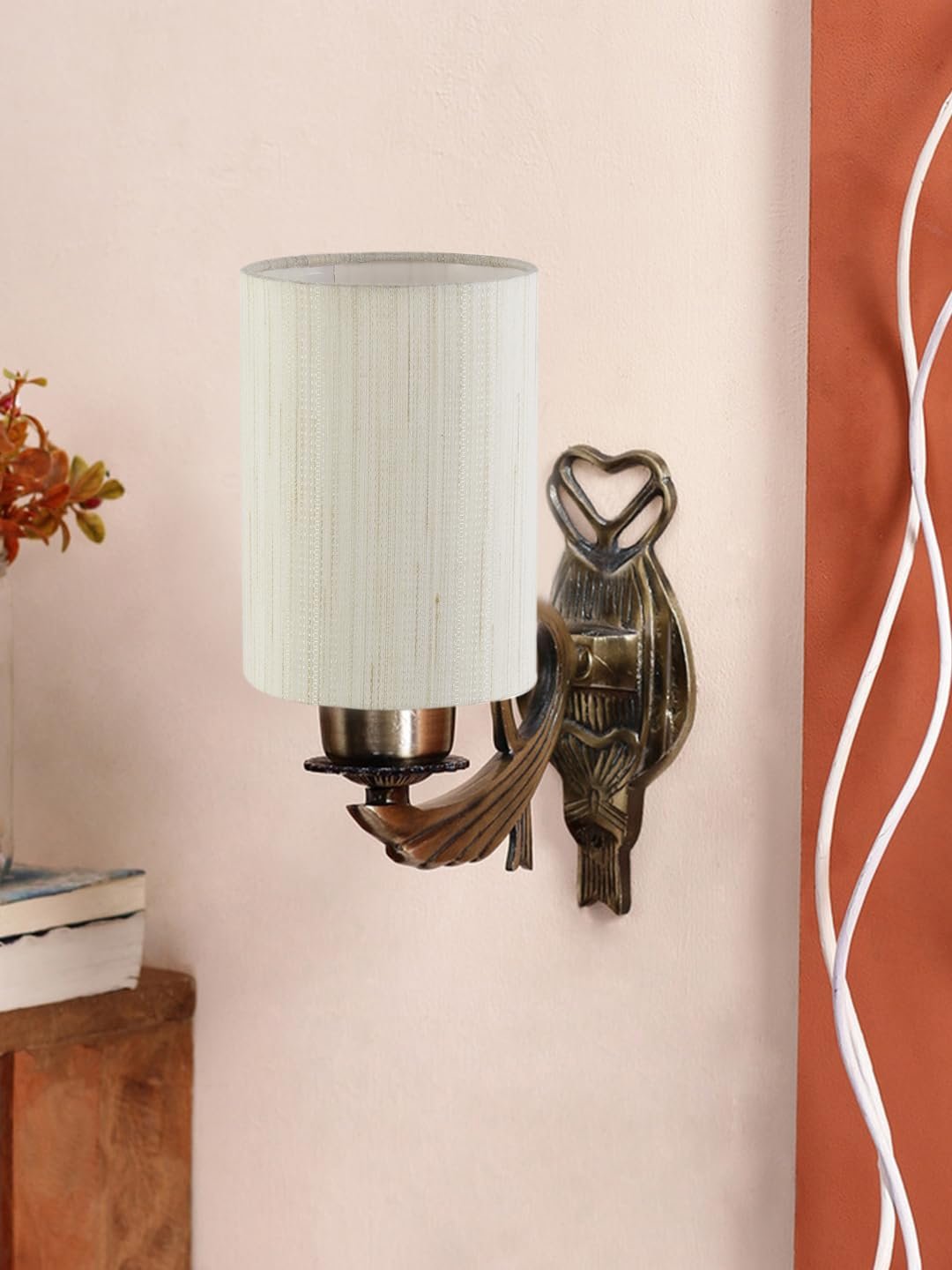 Antique Gold Wall Lamp for Office/Home/Gifting with Cotton Off-White Shade(8x4.25x11) Inches -121