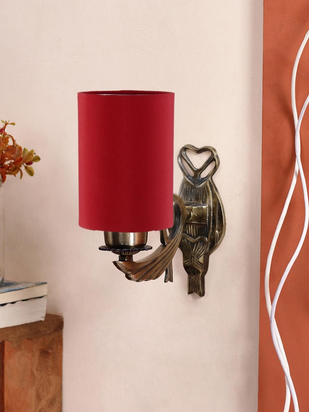 Antique Gold Wall Lamp for Office/Home/Gifting with Cotton Red Shade(8x4.25x11) Inches -123