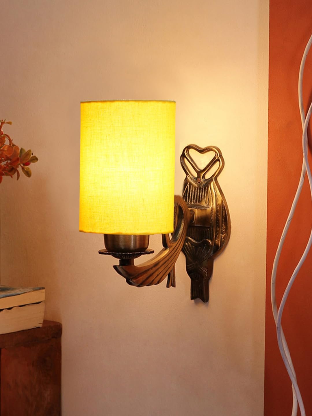 Antique Gold Wall Lamp for Office/Home/Gifting with Cotton Yellow Shade(8x4.25x11) Inches -125