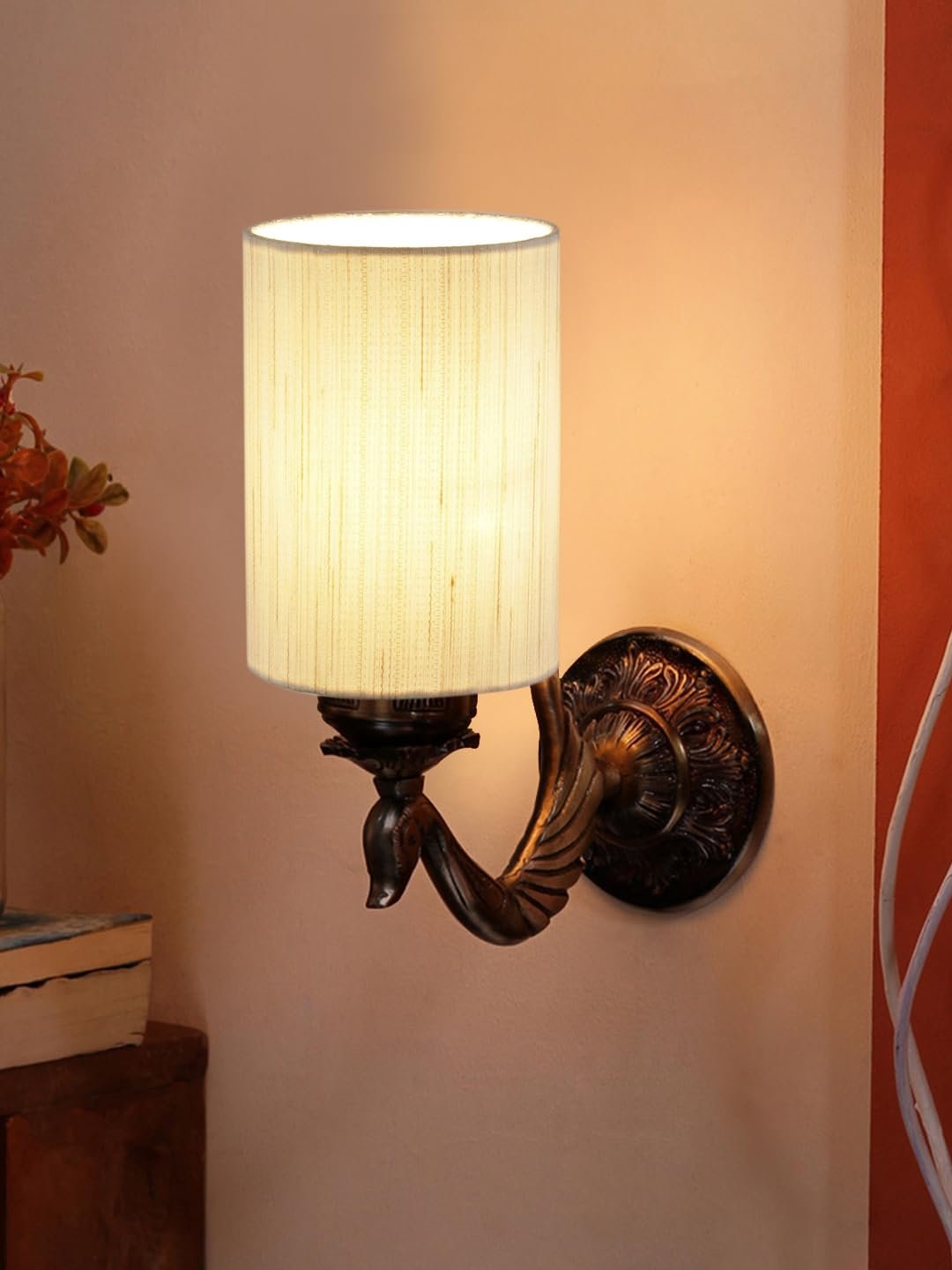 Antique Gold Wall Lamp for Office/Home/Gifting with Cotton Off-White Shade(8x4.25x11) Inches