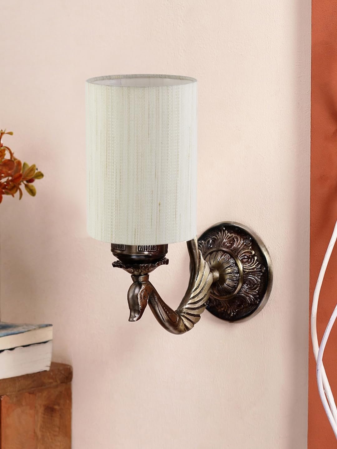 Antique Gold Wall Lamp for Office/Home/Gifting with Cotton Off-White Shade(8x4.25x11) Inches