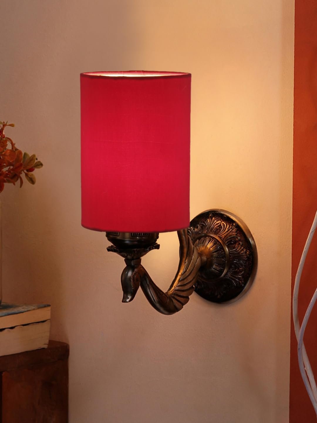Antique Gold Wall Lamp for Office/Home/Gifting with Cotton Red Shade(8x4.25x11) Inches -138