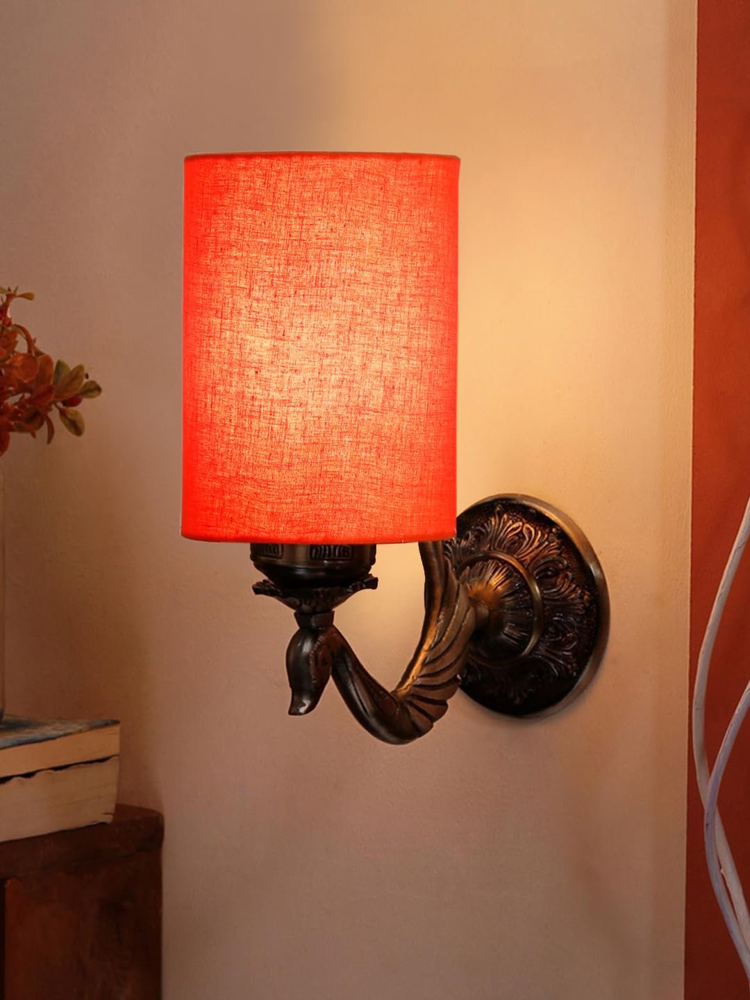 Antique Gold Wall Lamp for Office/Home/Gifting with Cotton Orange Shade(8x4.25x11) Inches
