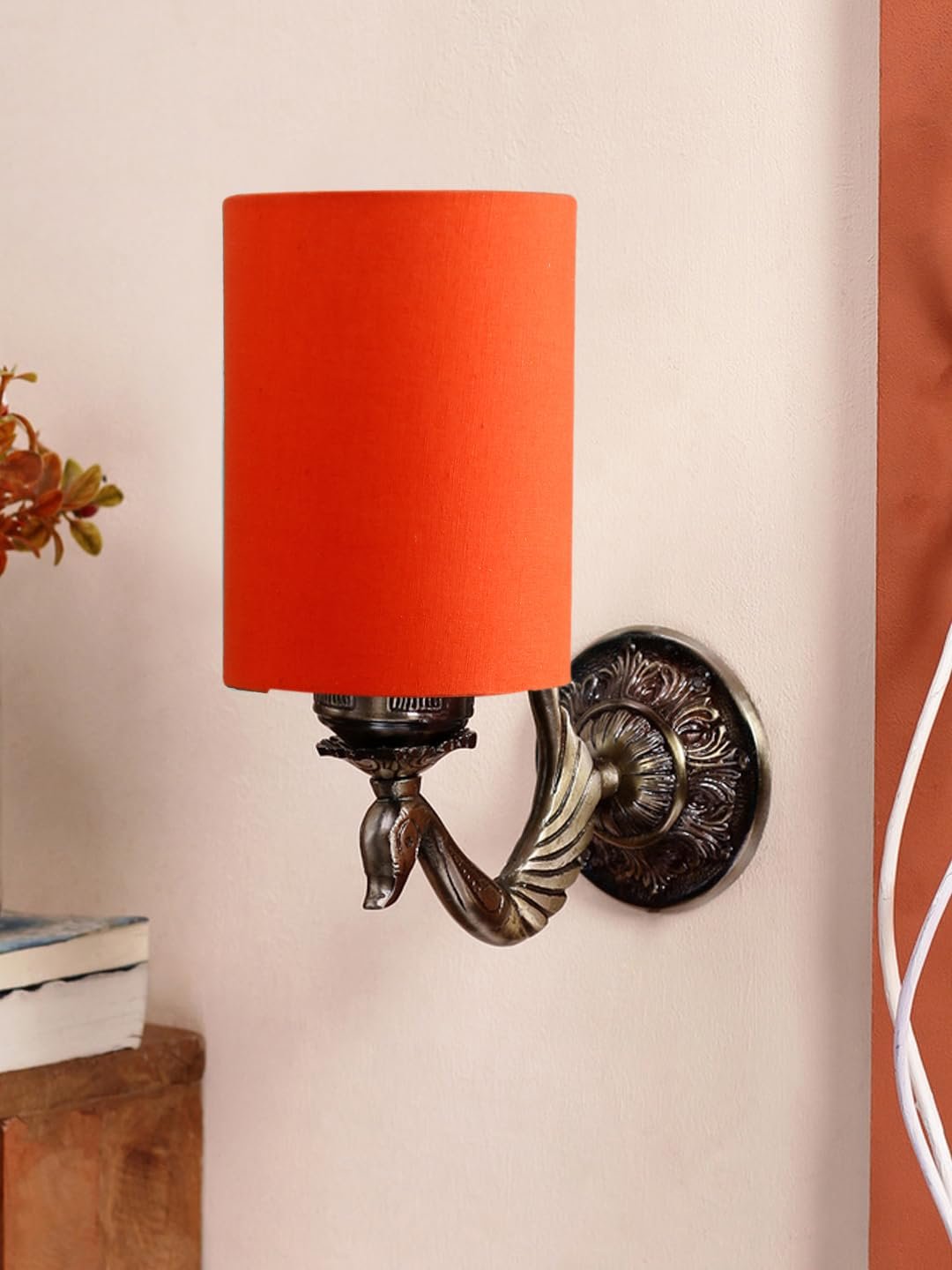 Antique Gold Wall Lamp for Office/Home/Gifting with Cotton Orange Shade(8x4.25x11) Inches