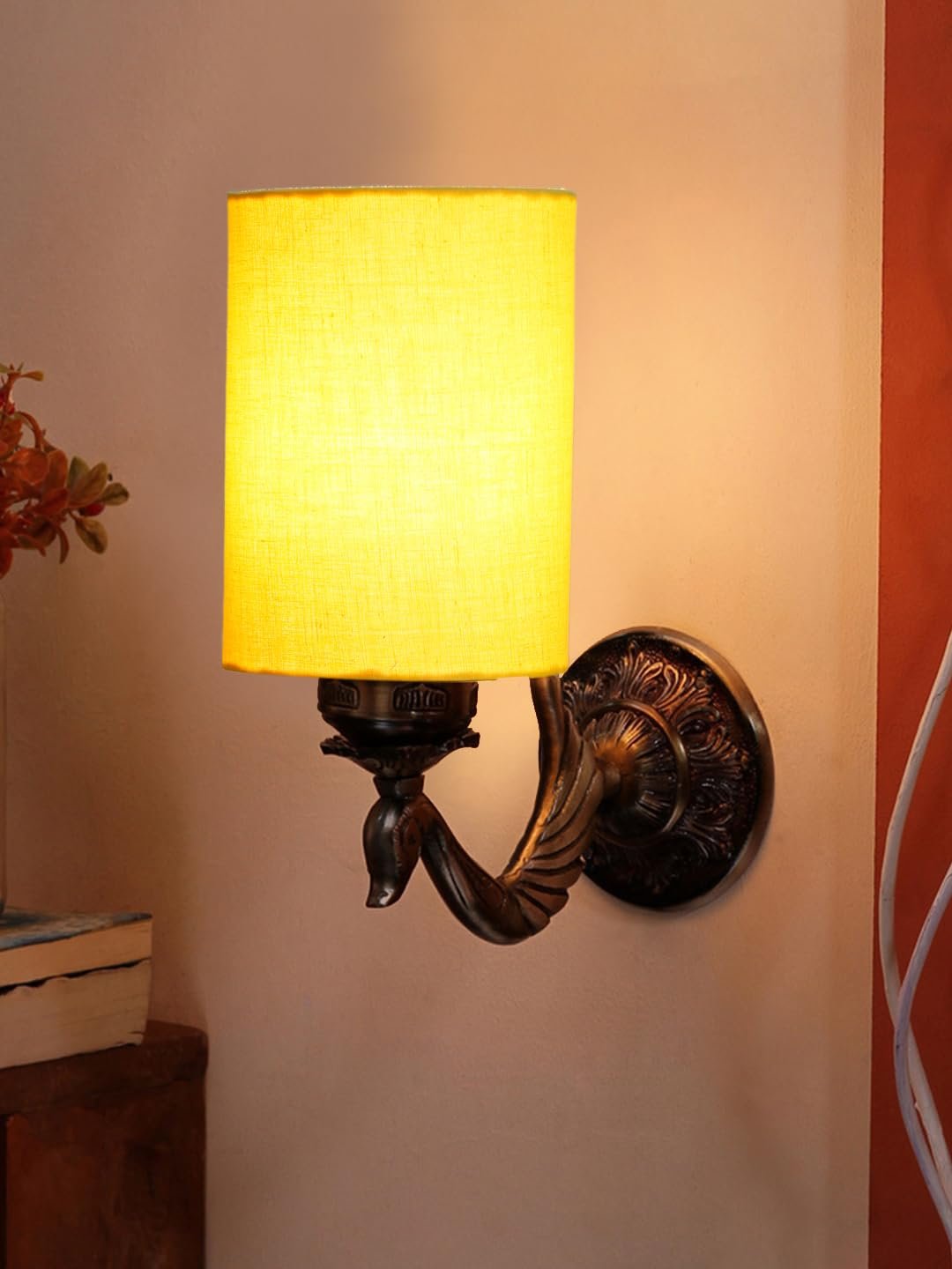 Antique Gold Wall Lamp for Office/Home/Gifting with Cotton Yellow Shade(8x4.25x11) Inches