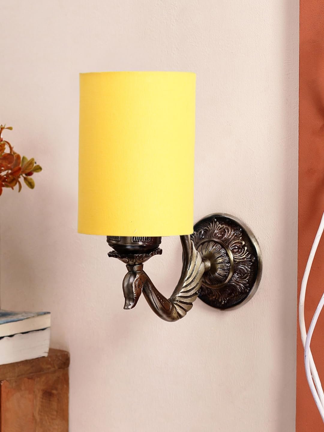 Antique Gold Wall Lamp for Office/Home/Gifting with Cotton Yellow Shade(8x4.25x11) Inches