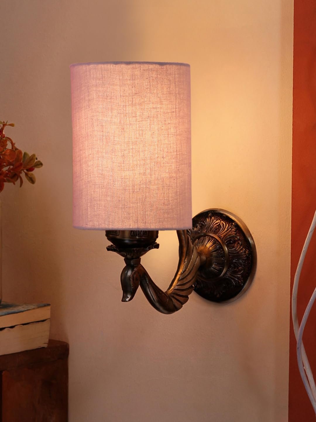 Antique Gold Wall Lamp for Office/Home/Gifting with Cotton Grey Shade(8x4.25x11) Inches