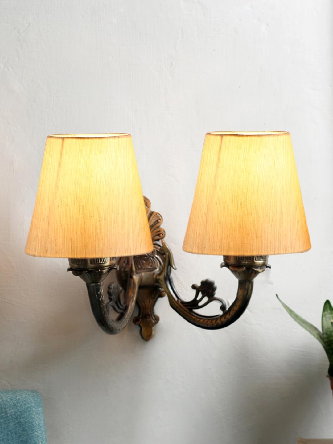 Dual Antique Gold Wall Lamp for Office/Home/Gifting with Cotton Off-White Shade(8x12.25x9) Inches -151