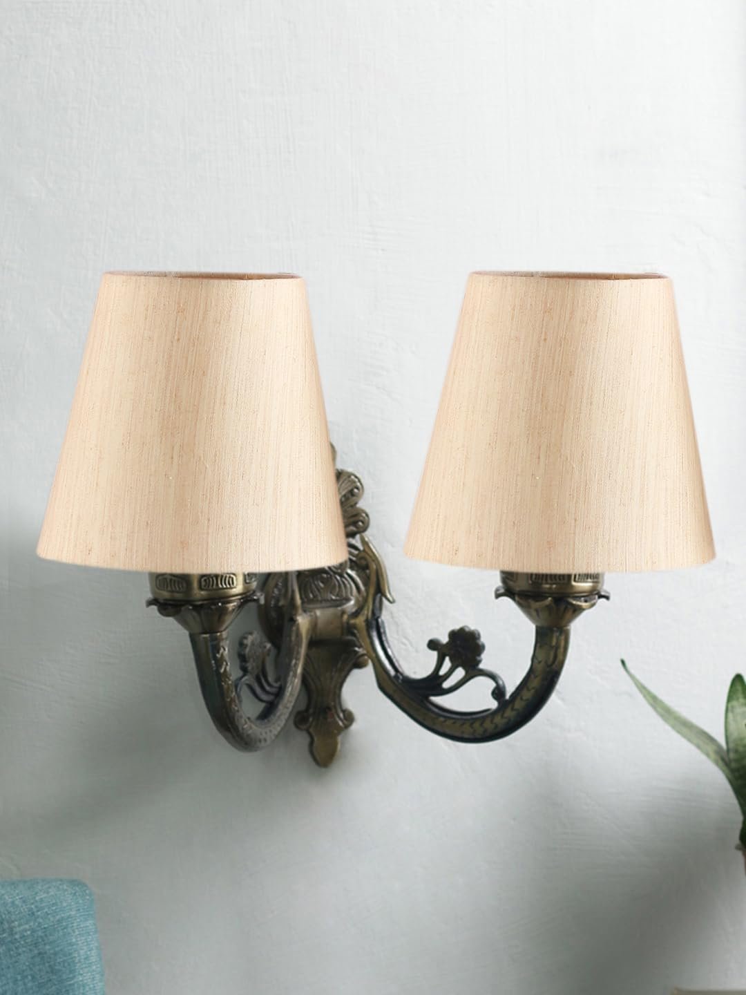 Dual Antique Gold Wall Lamp for Office/Home/Gifting with Cotton Off-White Shade(8x12.25x9) Inches -151
