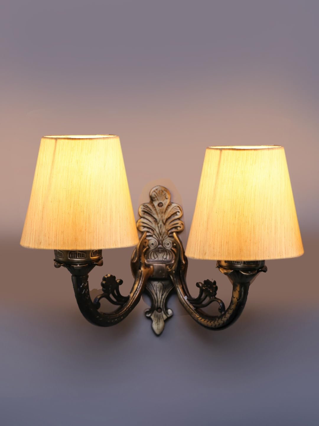Dual Antique Gold Wall Lamp for Office/Home/Gifting with Cotton Off-White Shade(8x12.25x9) Inches -151