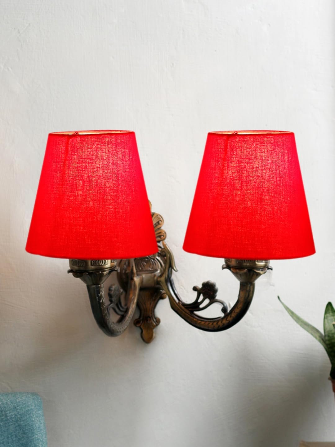 Dual Antique Gold Wall Lamp for Office/Home/Gifting with Cotton Red Shade(8x12.25x9) Inches -153