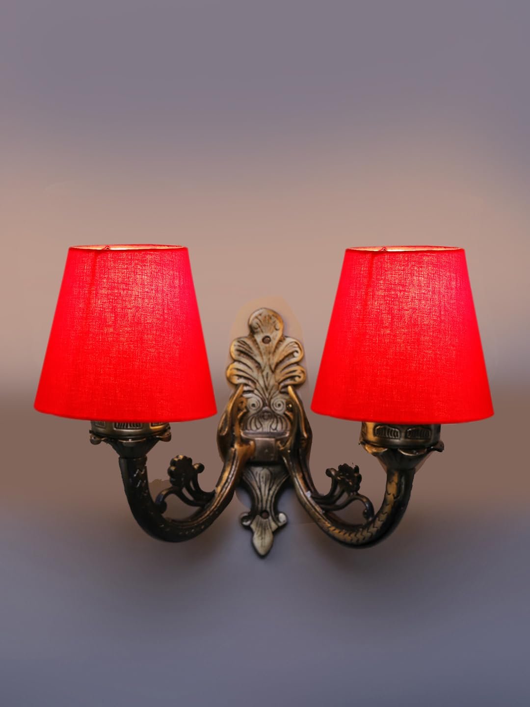 Dual Antique Gold Wall Lamp for Office/Home/Gifting with Cotton Red Shade(8x12.25x9) Inches -153