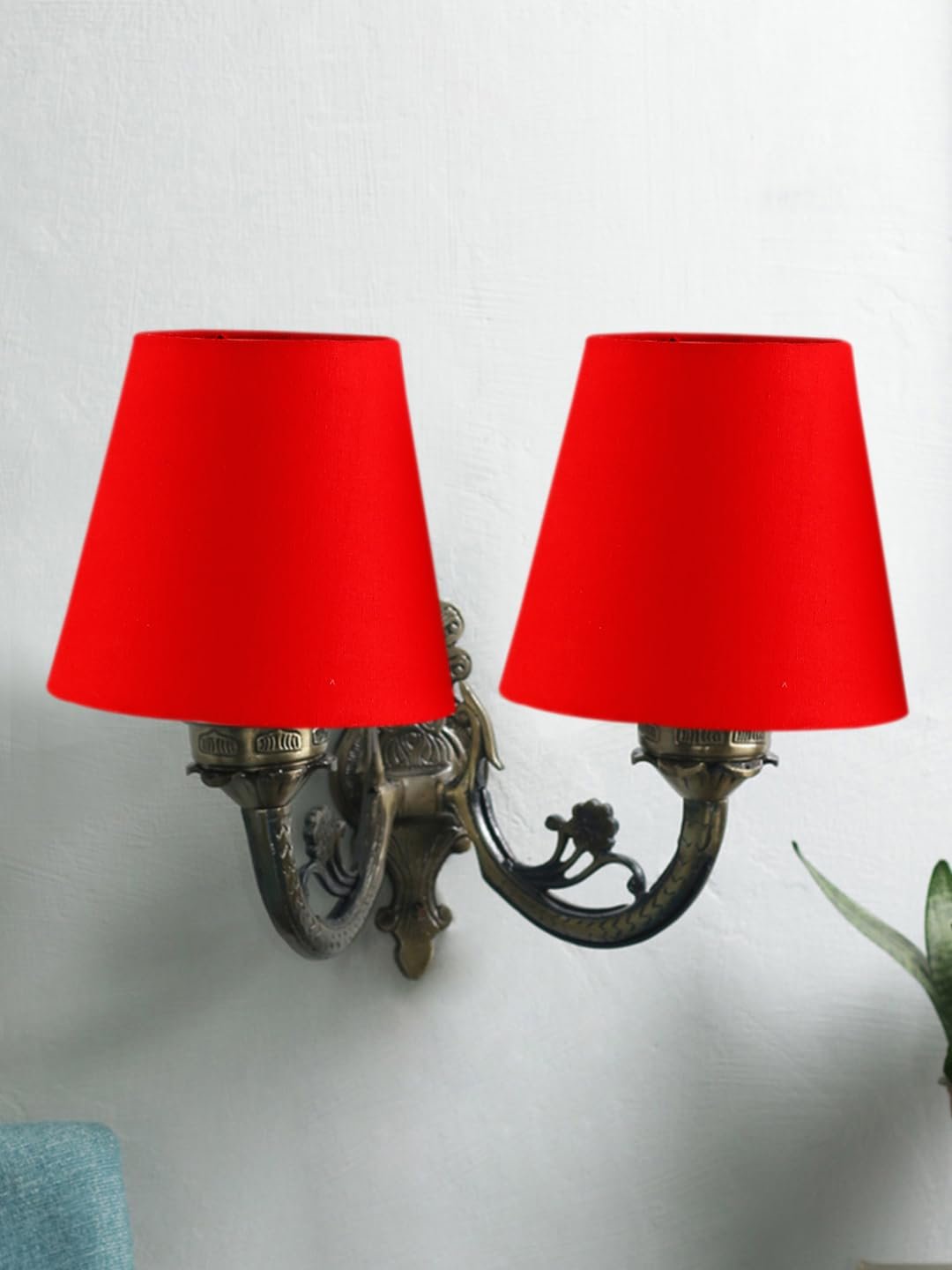 Dual Antique Gold Wall Lamp for Office/Home/Gifting with Cotton Red Shade(8x12.25x9) Inches -153