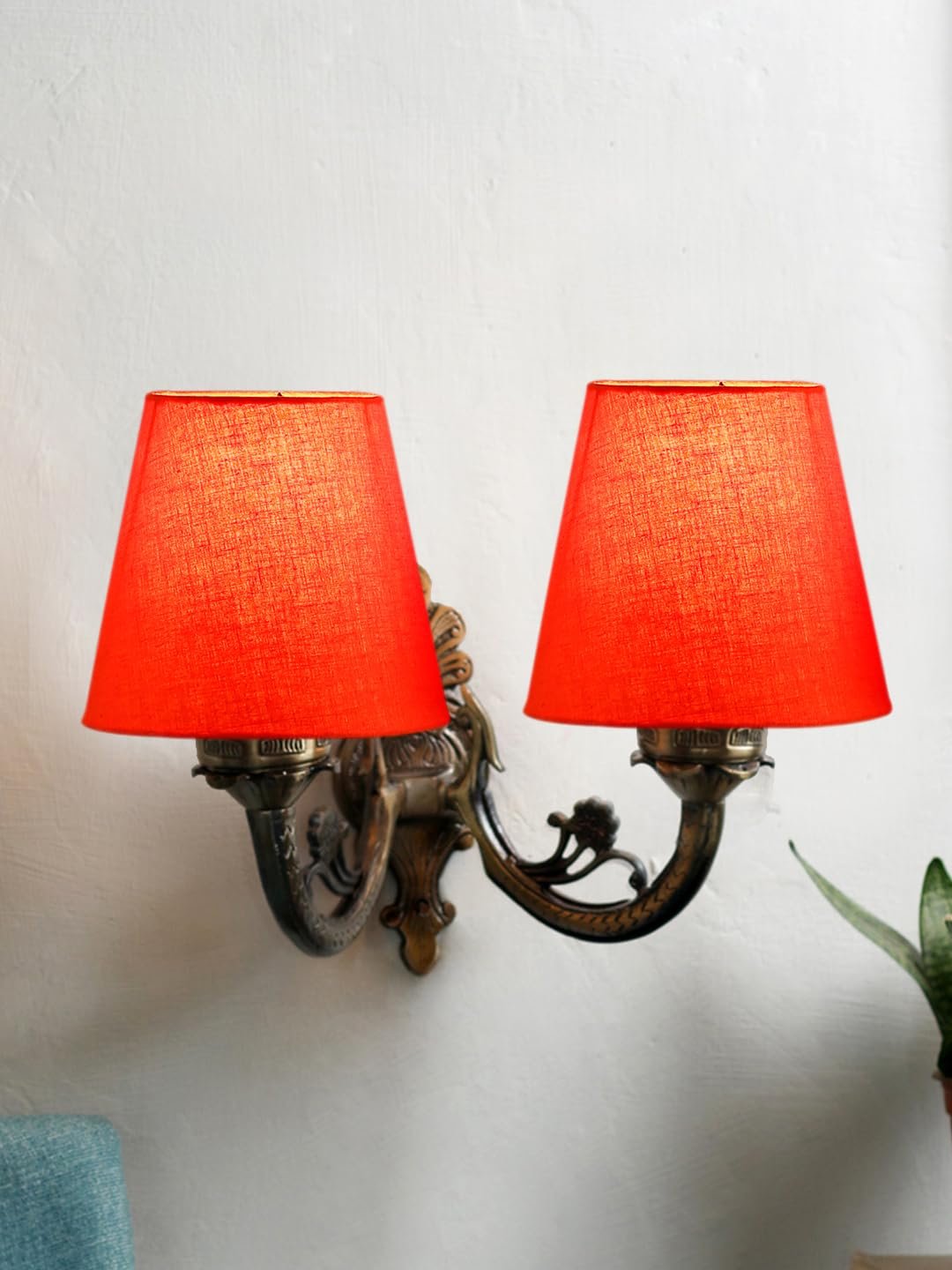 Dual Antique Gold Wall Lamp for Office/Home/Gifting with Cotton Orange Shade(8x12.25x9) Inches -154