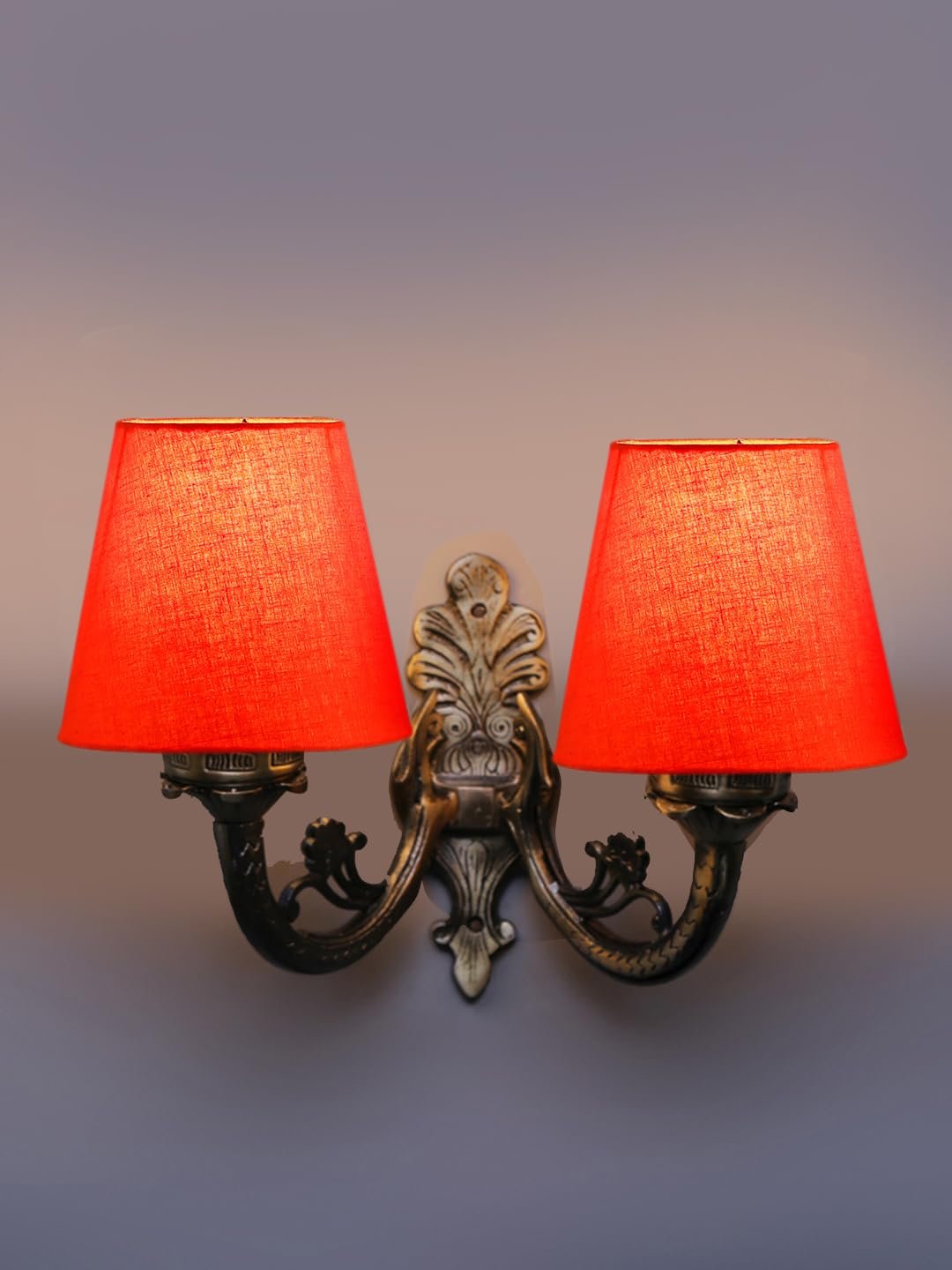Dual Antique Gold Wall Lamp for Office/Home/Gifting with Cotton Orange Shade(8x12.25x9) Inches -154